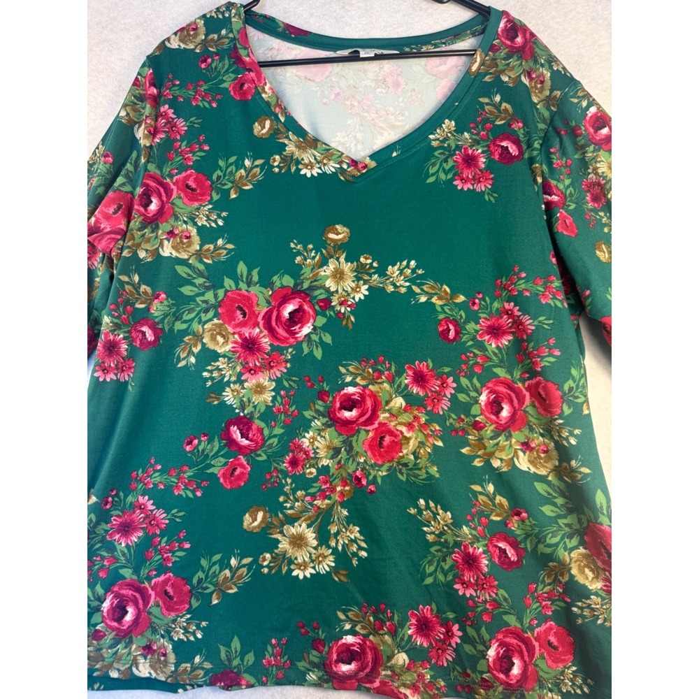 The Perfect Woman Floral Top XXL Green Pink Roses V Neck Stretch Blouse Women